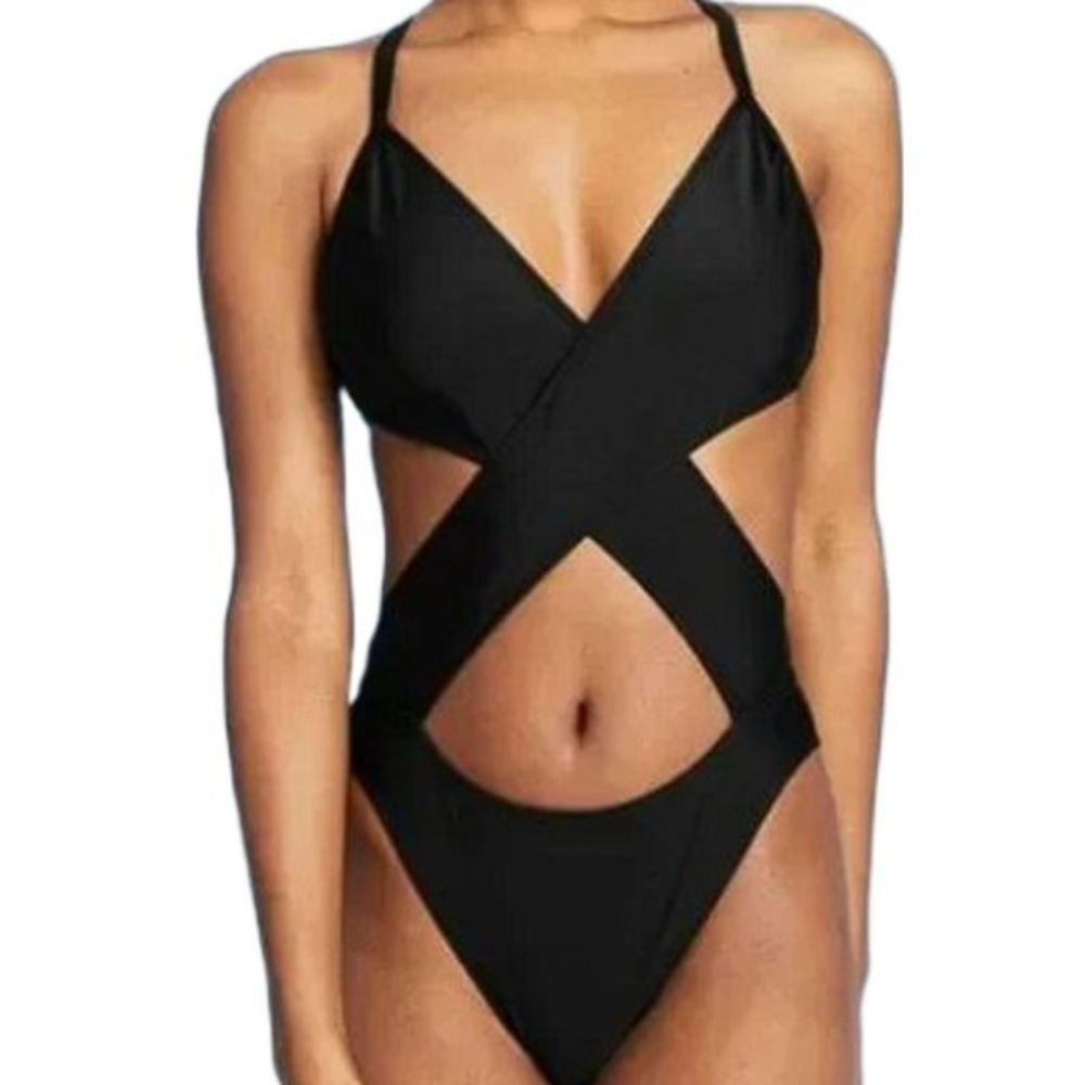 Xhilaration‎ Black Front Cross Over One Piece Swimsuit Juniors Small 0-2 New